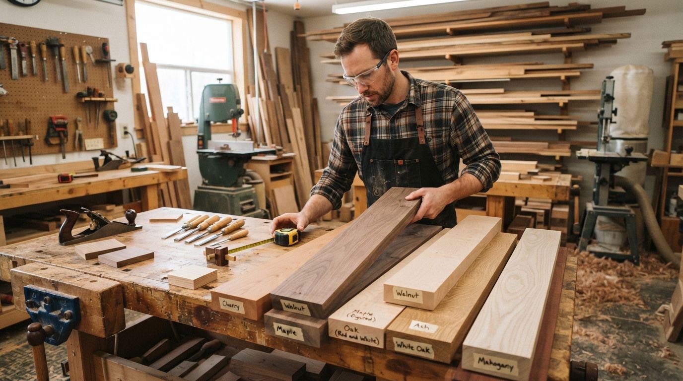 Types of wood for woodworking — hardwood and softwood species comparison including oak, maple, walnut, cherry, and cedar