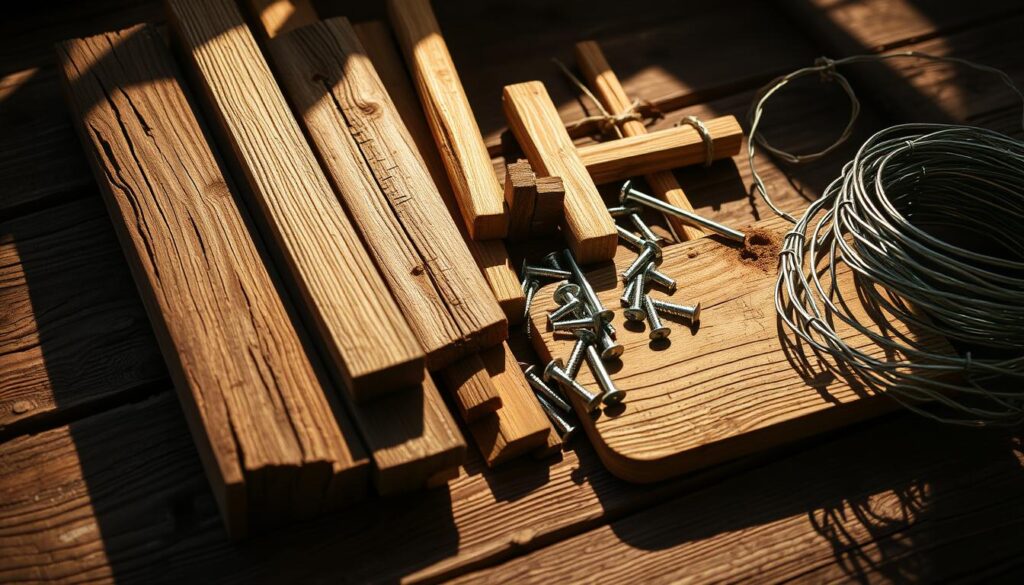 A detailed breakdown of the material costs for a rustic wooden fence, bathed in warm, directional lighting. A close-up view of various fence components - weathered wooden planks, sturdy posts, galvanized nails, and a coil of barbed wire - laid out on a rough wooden surface. The lighting casts dramatic shadows, emphasizing the textures and grain of the materials. The overall scene conveys a sense of practicality and rugged construction, hinting at the durability and functionality of a well-built wooden fence. A detailed breakdown of the material costs for a rustic wooden fence, bathed in warm, directional lighting. A close-up view of various fence components - weathered wooden planks, sturdy posts, galvanized nails, and a coil of barbed wire - laid out on a rough wooden surface. The lighting casts dramatic shadows, emphasizing the textures and grain of the materials. The overall scene conveys a sense of practicality and rugged construction, hinting at the durability and functionality of a well-built wooden fence.