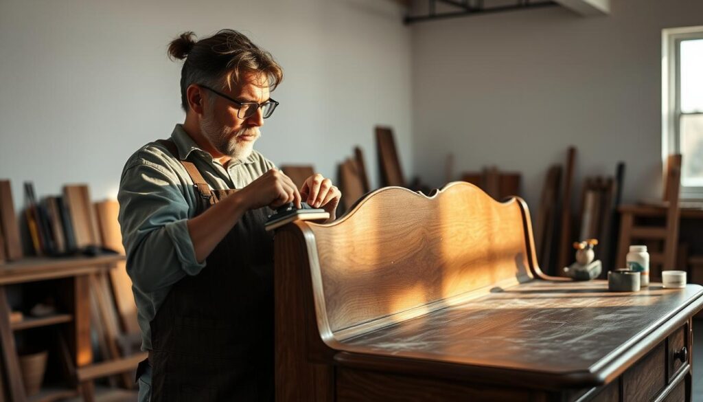 A professional wood restoration workshop, with a skilled artisan carefully sanding and refinishing an antique wooden furniture piece. Soft, warm lighting illuminates the intricate details of the wood grain, casting long shadows and highlighting the artisan's focused expression. In the middle ground, various tools and finishing materials are neatly organized, conveying the expertise and care required for this delicate process. The background features a clean, minimalist space, allowing the restoration work to be the central focus. The overall atmosphere is one of quiet dedication, as the artisan breathes new life into the cherished furniture. A professional wood restoration workshop, with a skilled artisan carefully sanding and refinishing an antique wooden furniture piece. Soft, warm lighting illuminates the intricate details of the wood grain, casting long shadows and highlighting the artisan's focused expression. In the middle ground, various tools and finishing materials are neatly organized, conveying the expertise and care required for this delicate process. The background features a clean, minimalist space, allowing the restoration work to be the central focus. The overall atmosphere is one of quiet dedication, as the artisan breathes new life into the cherished furniture.