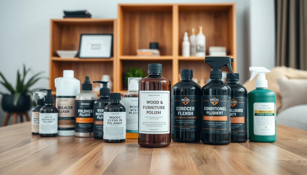 A well-lit studio setting showcasing an assortment of commercial wood furniture care products. In the foreground, a variety of wood polishes, conditioners, and cleaners are artfully arranged on a sleek, modern wooden table. The middle ground features a close-up view of a bottle of wood furniture polish with a clean, minimalist label design. In the background, a natural wooden bookshelf or cabinet displays additional wood care items, creating a cohesive and visually appealing scene. The lighting is soft and flattering, highlighting the rich, warm tones of the wooden surfaces and the sheen of the products. The overall mood is one of sophistication, attention to detail, and a commitment to preserving the beauty of fine wood furniture. A well-lit studio setting showcasing an assortment of commercial wood furniture care products. In the foreground, a variety of wood polishes, conditioners, and cleaners are artfully arranged on a sleek, modern wooden table. The middle ground features a close-up view of a bottle of wood furniture polish with a clean, minimalist label design. In the background, a natural wooden bookshelf or cabinet displays additional wood care items, creating a cohesive and visually appealing scene. The lighting is soft and flattering, highlighting the rich, warm tones of the wooden surfaces and the sheen of the products. The overall mood is one of sophistication, attention to detail, and a commitment to preserving the beauty of fine wood furniture.