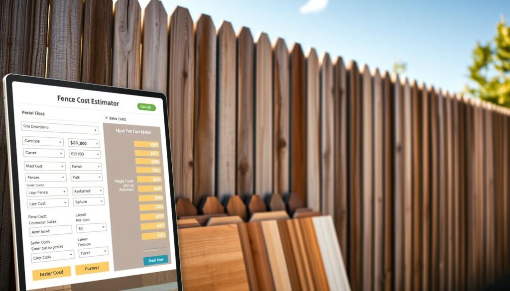 A wooden fence cost estimator against a rustic, weathered wooden fence backdrop. In the foreground, the estimator is a sleek, modern digital interface with an intuitive layout and clear sections for inputting fence dimensions, materials, and labor costs. Warm, natural lighting casts a soft glow, creating a welcoming and informative atmosphere. The mid-ground features a neatly organized set of fence samples, highlighting different wood types and finishes. In the background, the weathered wooden fence stretches out, providing context and a sense of scale. The overall composition conveys a helpful, practical tool for visualizing and budgeting a new wooden fence project. A wooden fence cost estimator against a rustic, weathered wooden fence backdrop. In the foreground, the estimator is a sleek, modern digital interface with an intuitive layout and clear sections for inputting fence dimensions, materials, and labor costs. Warm, natural lighting casts a soft glow, creating a welcoming and informative atmosphere. The mid-ground features a neatly organized set of fence samples, highlighting different wood types and finishes. In the background, the weathered wooden fence stretches out, providing context and a sense of scale. The overall composition conveys a helpful, practical tool for visualizing and budgeting a new wooden fence project.