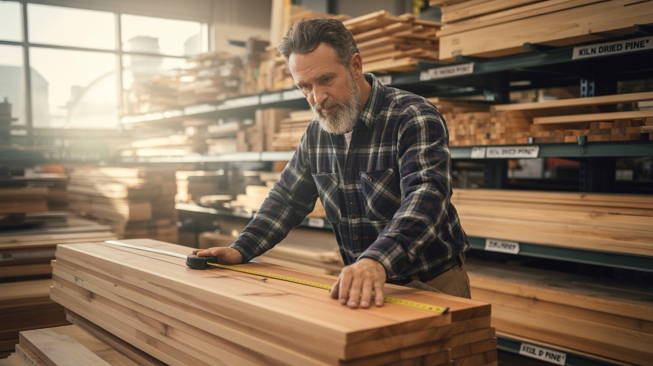 A photograph of a middle-aged man with a neatly trimmed grey beard, wearing a plaid flannel shirt and work boots, intently examining a stack of cedar planks in a well-lit hardware store. He is holding a measuring tape and has a thoughtful expression as he runs his hand along the grain of the wood, assessing its quality. Behind him, shelves are stacked high with various lumber types, and a sign reads "“Kiln Dried Pine”". Soft, diffused sunlight streams through the large front windows, illuminating dust motes in the air and casting long shadows across the wooden floor.