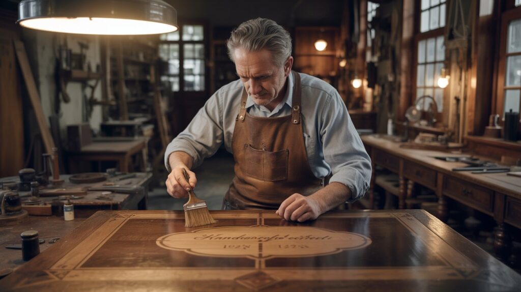 A photograph of a weathered man in a worn leather apron meticulously repairing scratches on a large, antique wooden table. The man has kind eyes and graying hair, carefully applying wood stain with a small brush, while a magnifying glass hangs around his neck. Around him, the workshop is filled with vintage tools, sawdust, and partially restored furniture, illuminated by the soft glow of an overhead incandescent lamp. The table bears the inscription "Handcrafted 1928" subtly visible on its surface.